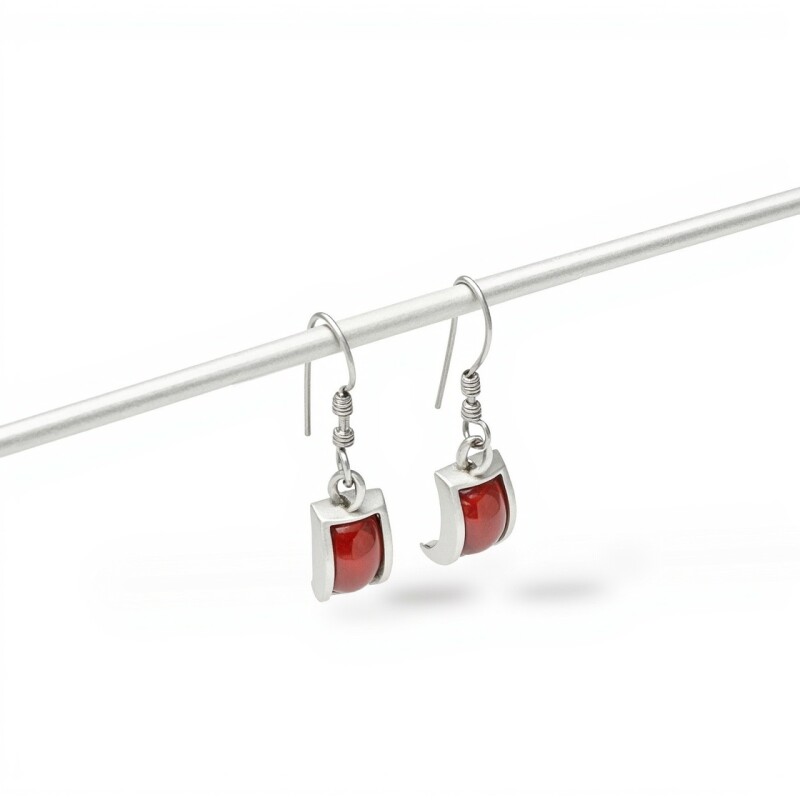 Caravanas Colgante rectangulo-Plata 925-Piedra Coral rojo-CA3393 conpiedra