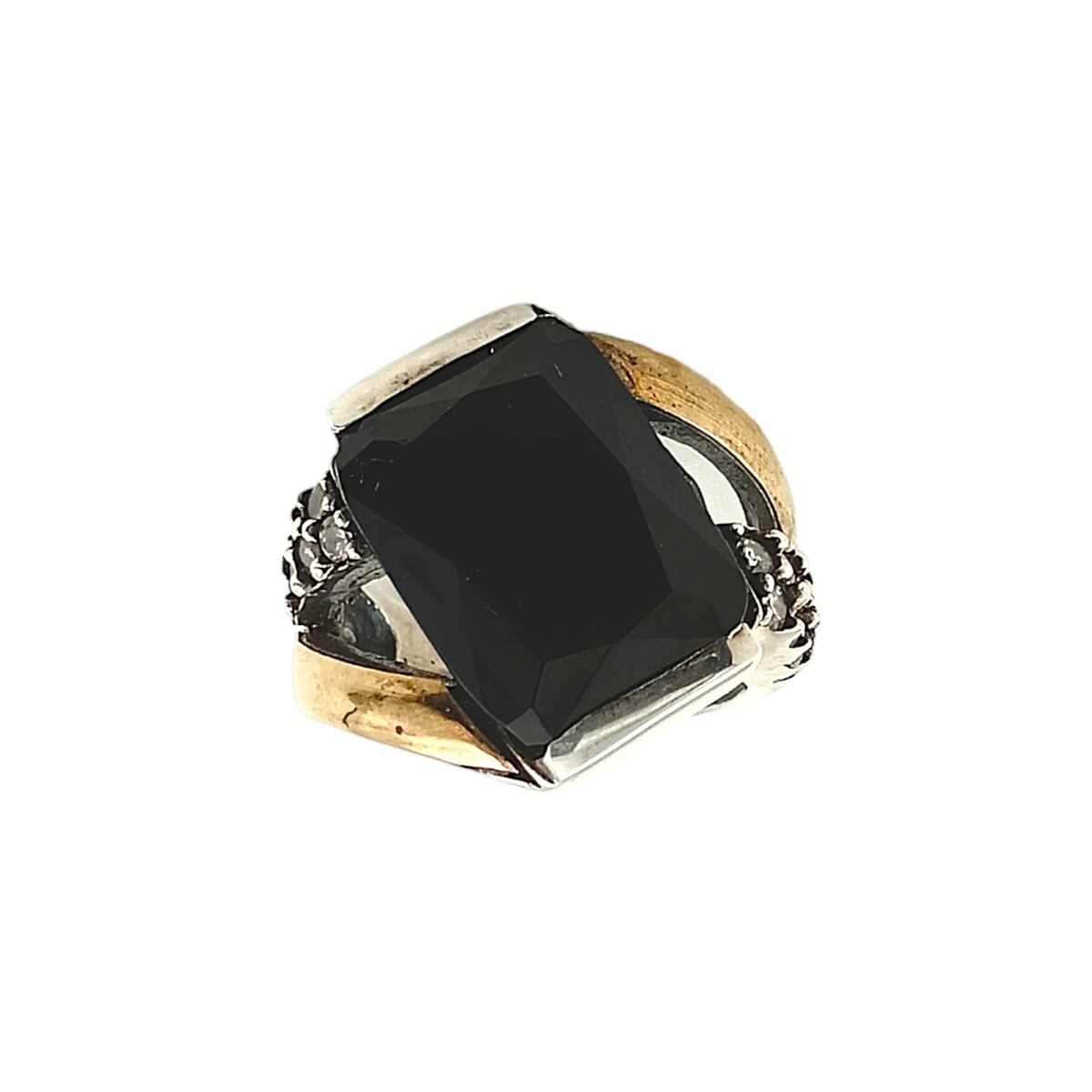 Anillo Halo-Plata y Oro-Piedra Onix y Zirconia-AN5195 - conpiedra 
