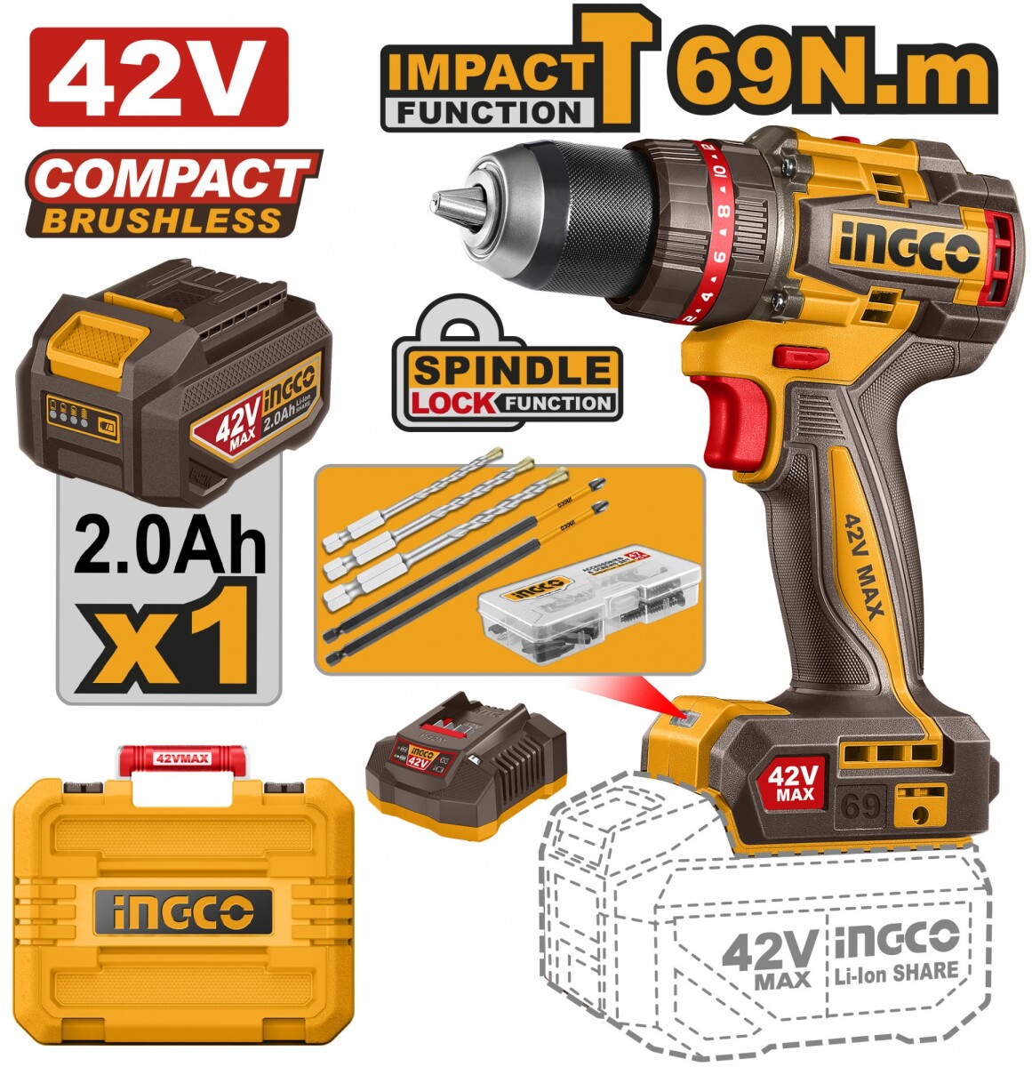TALADRO ATORN. C/PERCUTOR A BATERIA 42V 69NM BRUSHLESS C/ BATERIA + CARGADOR + V 