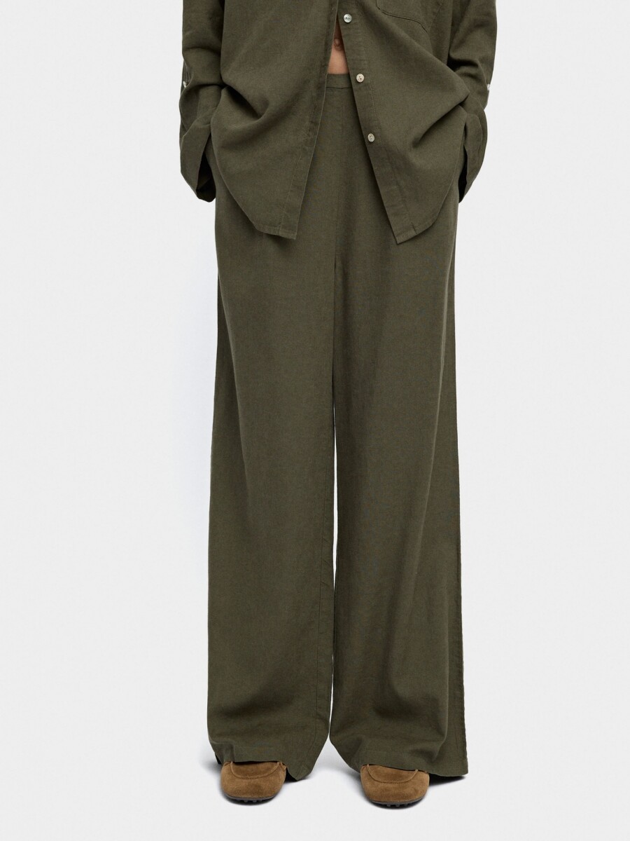 Pantalón Mezcla De Lino Cintura Elástica caqui