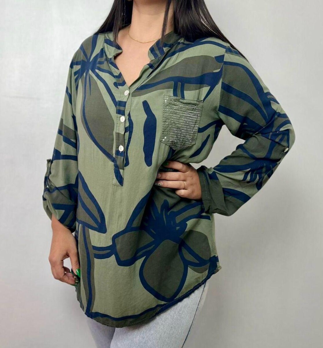 CAMISA KETZIA LINEAS AZULES - MILITAR 