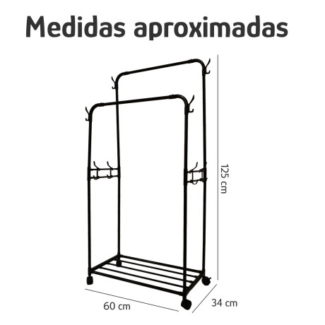 Perchero Armario Doble Barral Zapatera Ganchos Laterales Negro