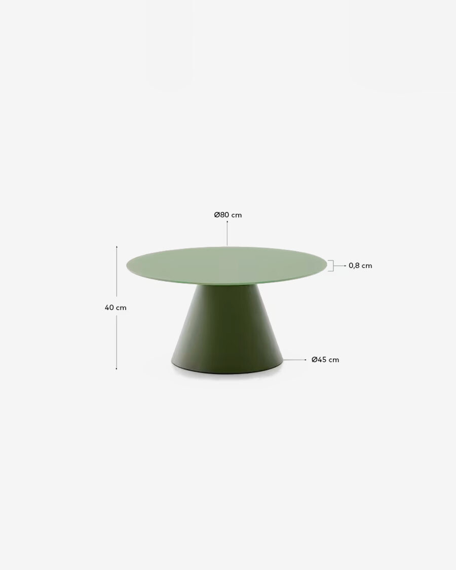 Mesa de centro Wilshire cristal templado glaseado y acero acabado pintado verde mate Ø80cm Mesa de centro Wilshire cristal templado glaseado y acero acabado pintado verde mate Ø80cm