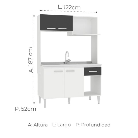 Kit de cocina compacta 4 puertas 1 cajón 122x52x187cm + Pileta Central Acero Reforzada con Hormigón + Monocomando Blanco / Grafito