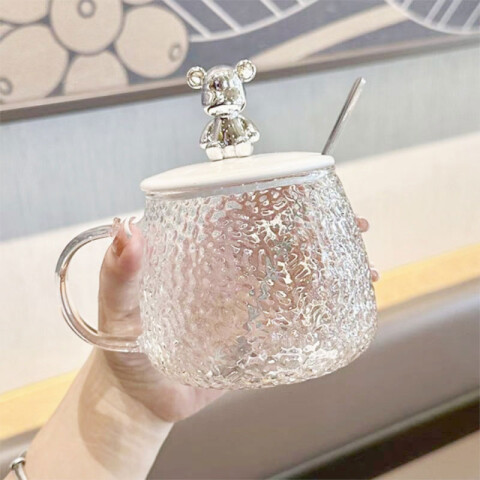 Taza de vidrio c/tapa osito y cucharita 350ml (OW827) Taza De Vidrio C/tapa Osito Y Cucharita 350ml (ow827)