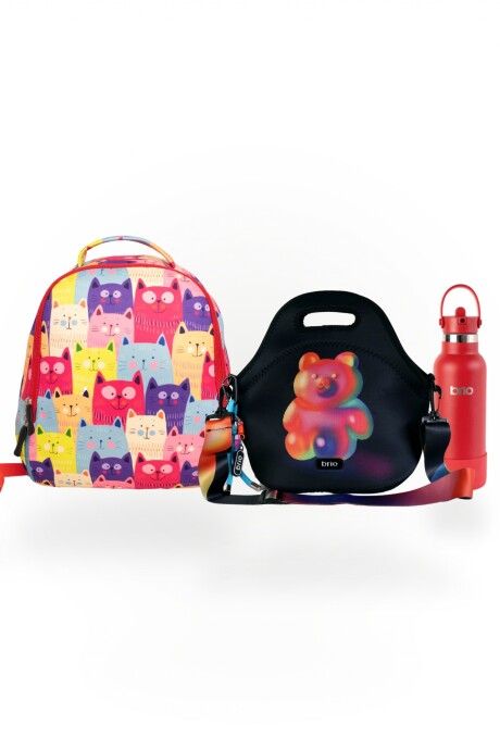 Set de mochila infantil de neopreno, lunchera de neopreno con correa ajustable y botella de acero inoxidable 500ml brio set-teddy
