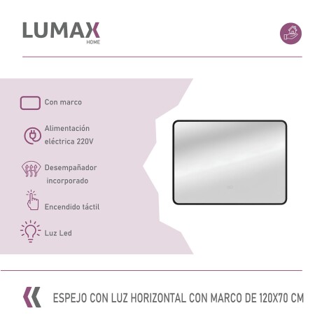 Espejo Horizontal Lumax c/marco desempañador y luz 120x70cm Negro