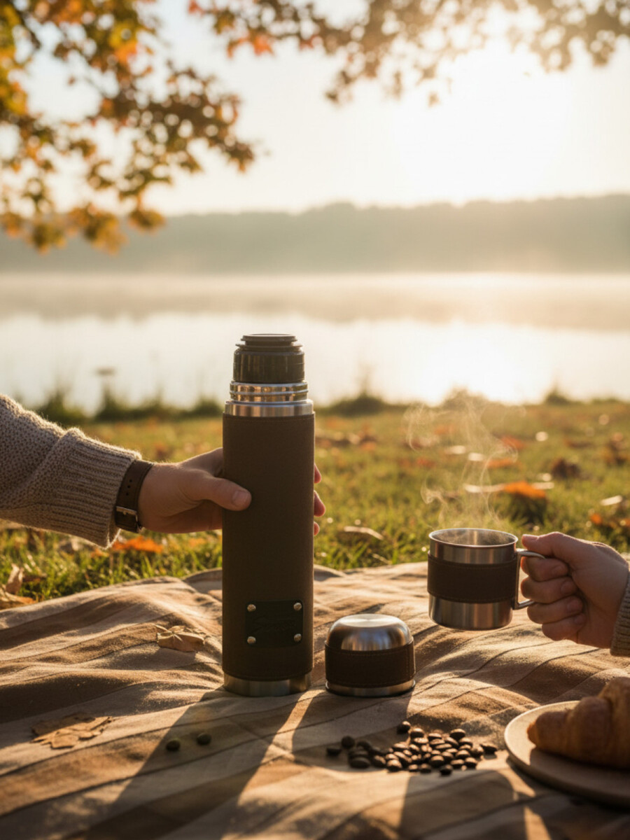 Termo de litro forrado en cuero - Chocolate 