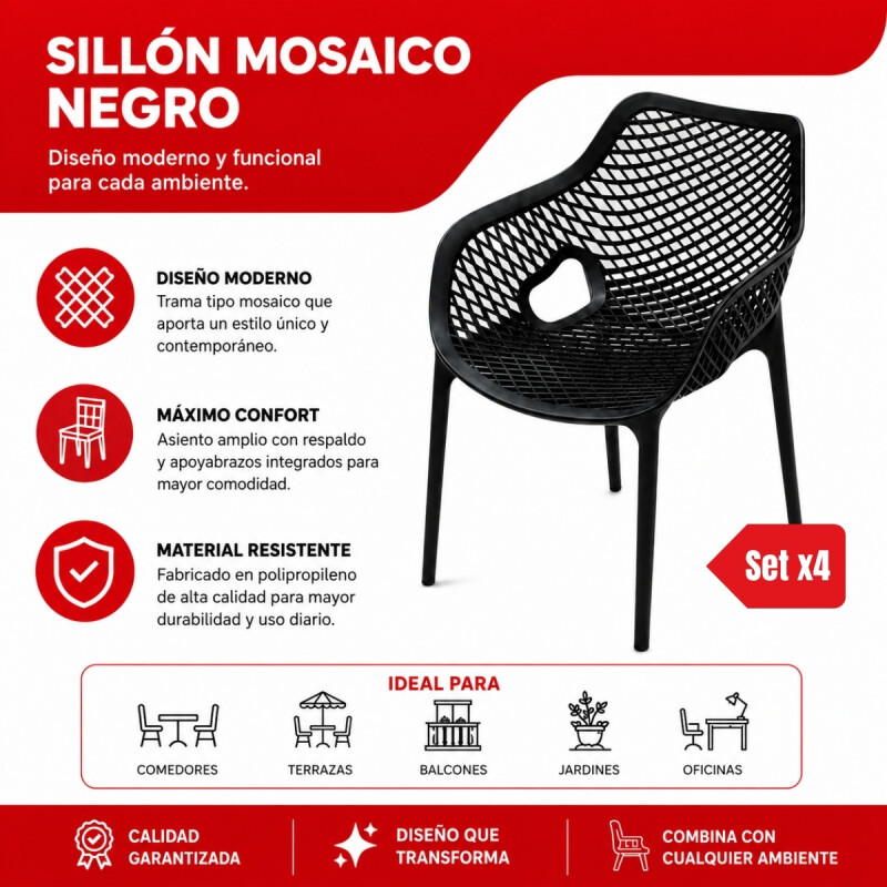 Set x4 Sillón reforzado Mosaico NEGRO