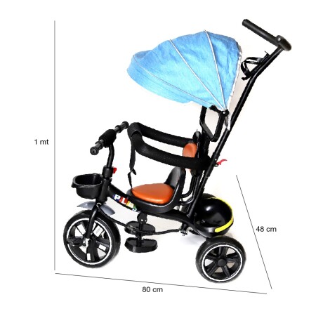 Triciclo Coche Infantil c/ Guía Volante y Capota Diseño Liso Celeste