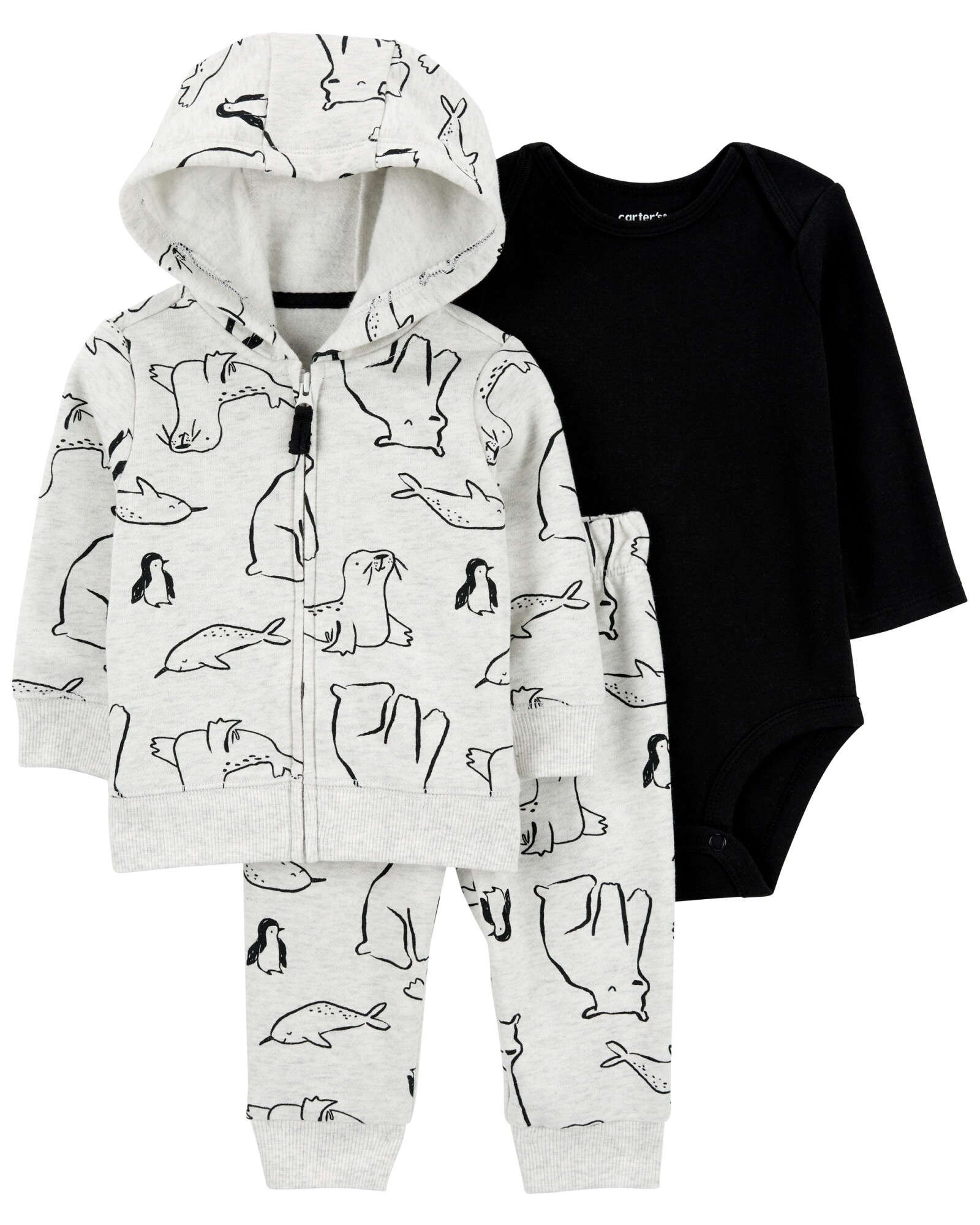 Set tres piezas de algodón, campera con capucha, pantalón y body, diseño animales árticos Sin color