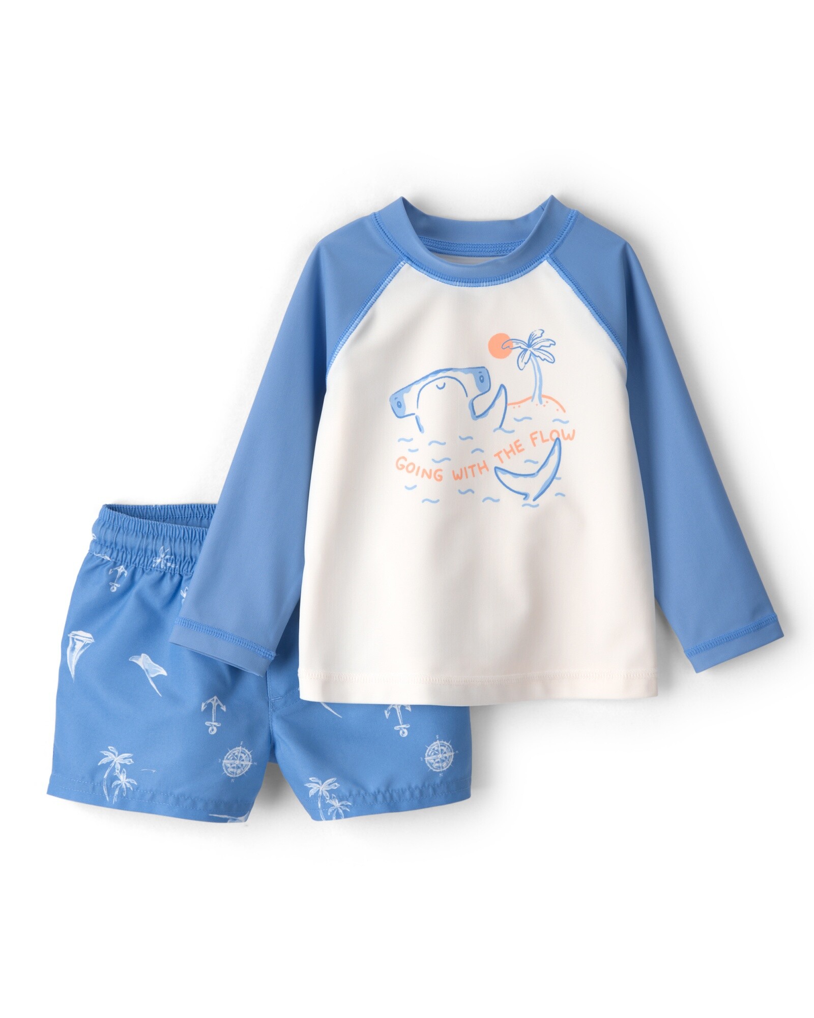 Traje de baño dos piezas, remera manga larga y short, con protección UPF 50+, estampa tiburón Sin color