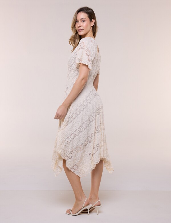Vestido De Encaje Con Frunces BEIGE CLARO