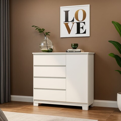 Comoda Cajonera Vega para Dormitorio 4 Cajones con Rieles Telescópicos y 1 Puerta - Blanco Comoda Cajonera Vega para Dormitorio 4 Cajones con Rieles Telescópicos y 1 Puerta - Blanco