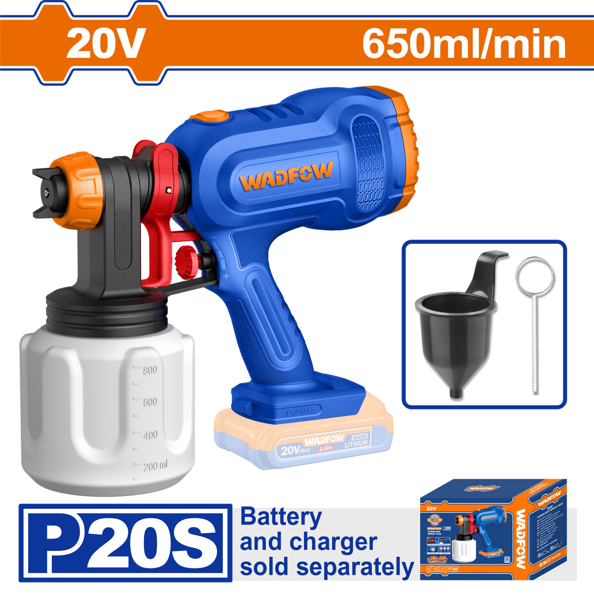 PISTOLA DE PINTAR A BATERIA 20V P20S 650ML/MIN SIN BAT SIN CARG WADFOW WSU3066 