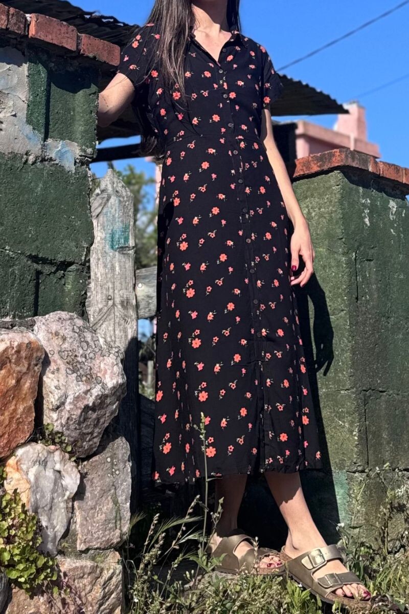 Vestido camisero largo Negro y naranja