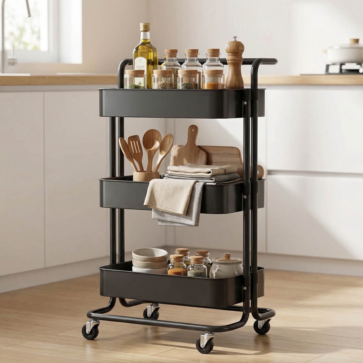 Carrito Organizador Metálico Multiuso Negro - 3 Niveles 