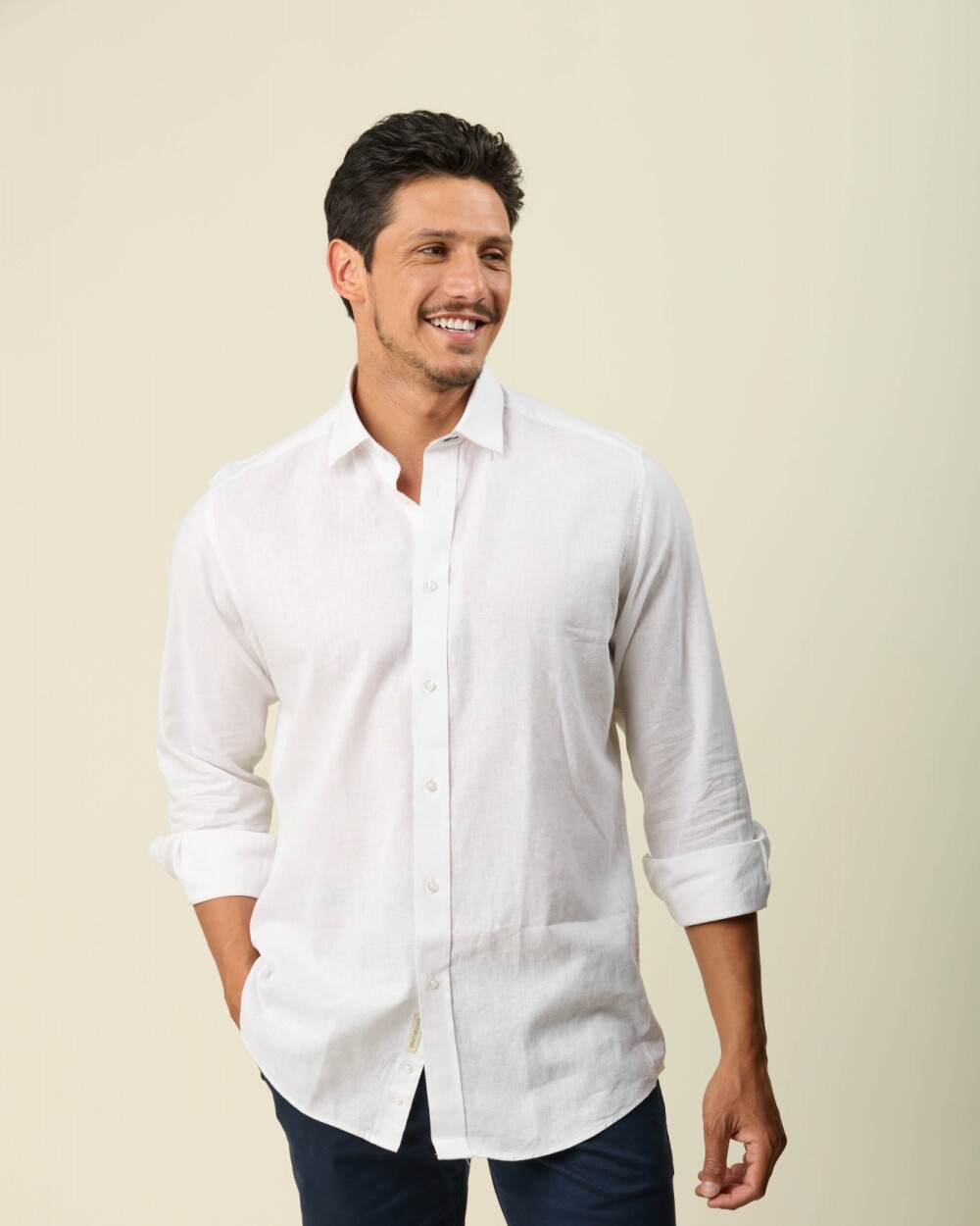 Camisa Lino Algodón Manga Larga Blanco