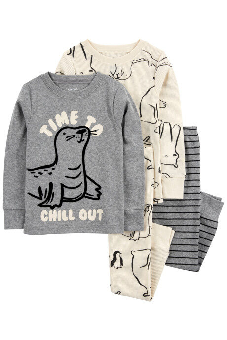 Pijama cuatro piezas de algodón, dos pantalones y dos remeras, diseño animales marinos Sin color