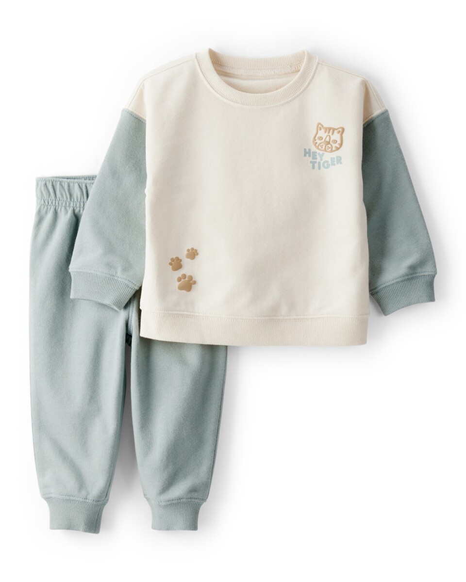 Set dos piezas de algodón, pantalón y buzo, azul y crema, estampa tigre. Talles 6-24M 