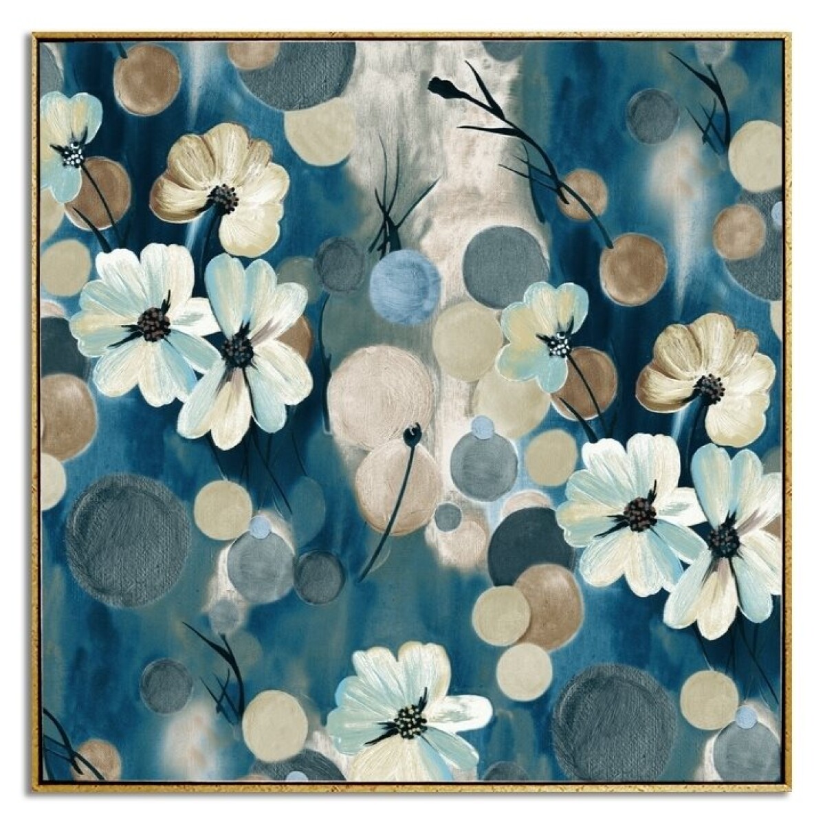 CUADRO CANVAS 60x60cm MARCO PINTURA FLORES AZUL 2 