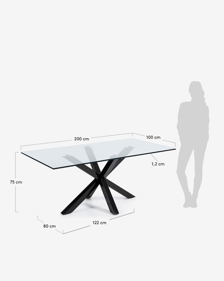 Mesa Argo de cristal y patas de acero acabado negro 200 x 100 cm