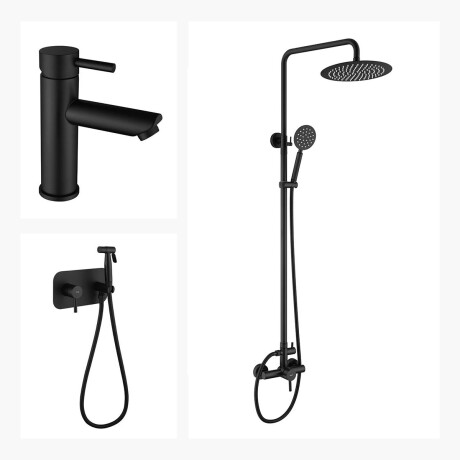 JUEGO DE GRIFERIA NEGRO BARRAL DE DUCHA LAVATORIO BAJO Y DUCHA HIGIENICA 000