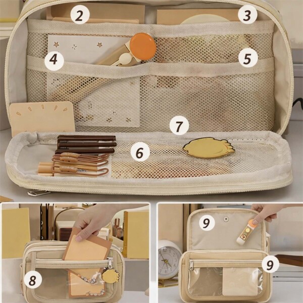 Cartuchera Organizador Escolar Grande Triple Cierre Bolsillo Color Beige