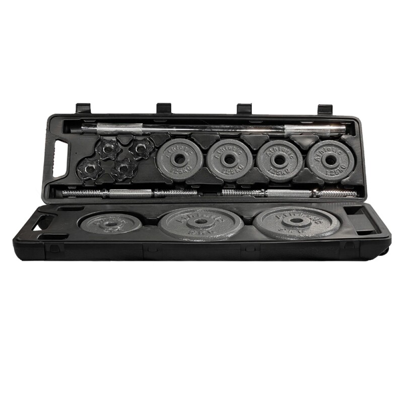 Set De Mancuernas Y Barra Gris Con Valija Athletic 30Kg Negro