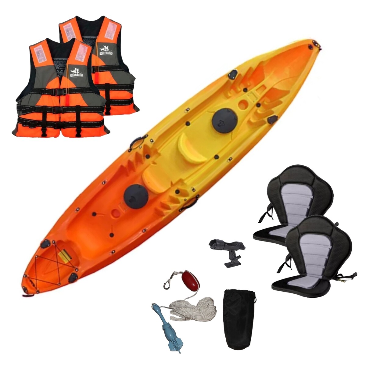 Kayak triplo 2 adultos + 1 niño con sillín - Naranja amarillo 