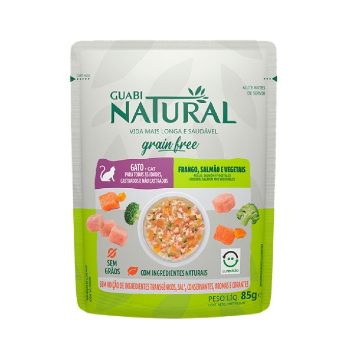 GUABI NATURAL GRAIN FREE GATO SOBRE POLLO, SALMÓN Y VEGETALES X85G 
