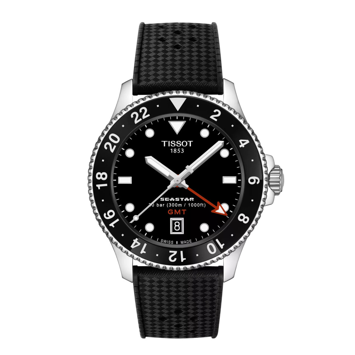 Reloj Tissot SEASTAR 1000 GMT 40MM de acero con bisel negro y correa negra 