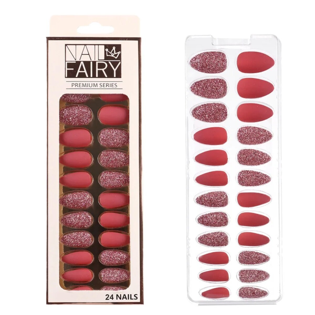 Set De Uñas Postizas Lisa Punta Ballerina Brillos - Rosa 