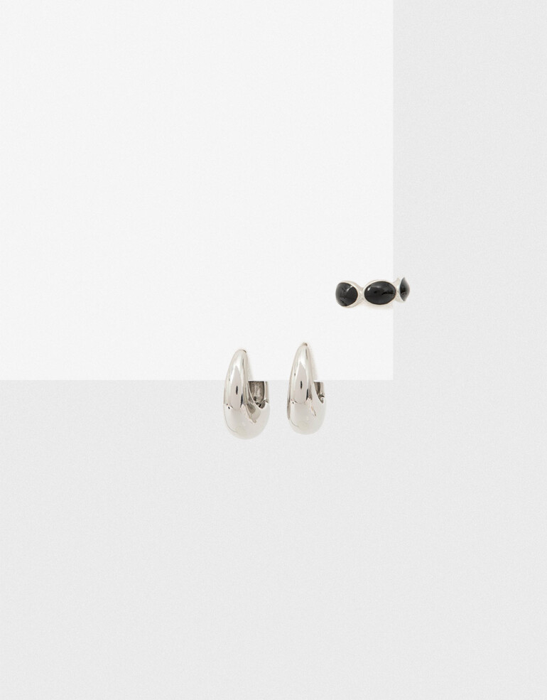 Aros Sets Metal Set De Aros Metal Y Cuff Esmaltado - Plateado Rodio
