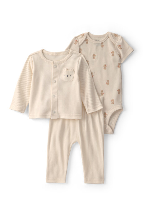 Set tres piezas de algodón, pantalón, body y saco, crema, diseño oso Sin color