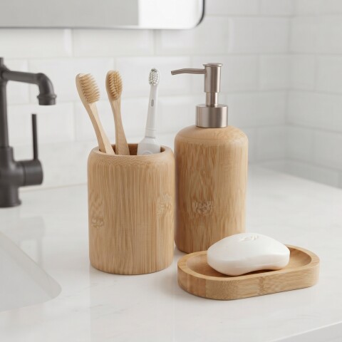 Set accesorios de baño de bambú con dispensador Set accesorios de baño de bambú con dispensador