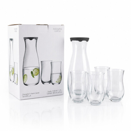 Set Botella Vidrio c/Tapa 1,2L+4 Vasos 360ml Diseño Moderno Transparente