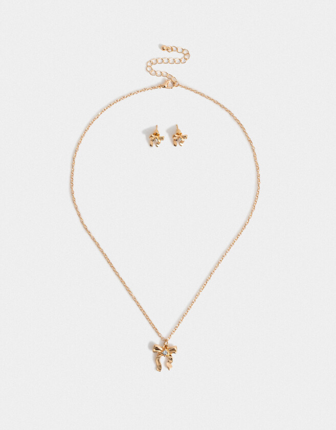 Bijouterie Set Moño Set De Aros Y Cadena Con Moños - Dorado