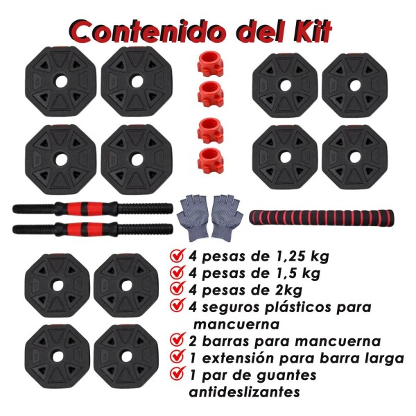 Mancuernas Pesas Ajustables 20 KG Set 2en1 + Barra + Guantes Variante Color Negro