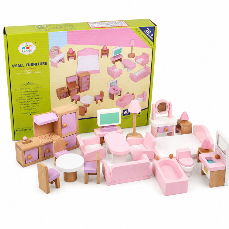 Set Muebles De Madera Para Casa Muñecas 22 Piezas Infantil Rosado