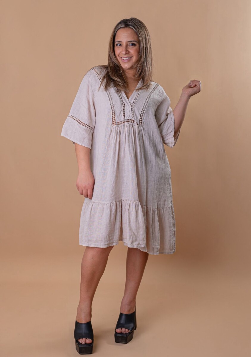 Vestido 100% lino con broderie - Beige 