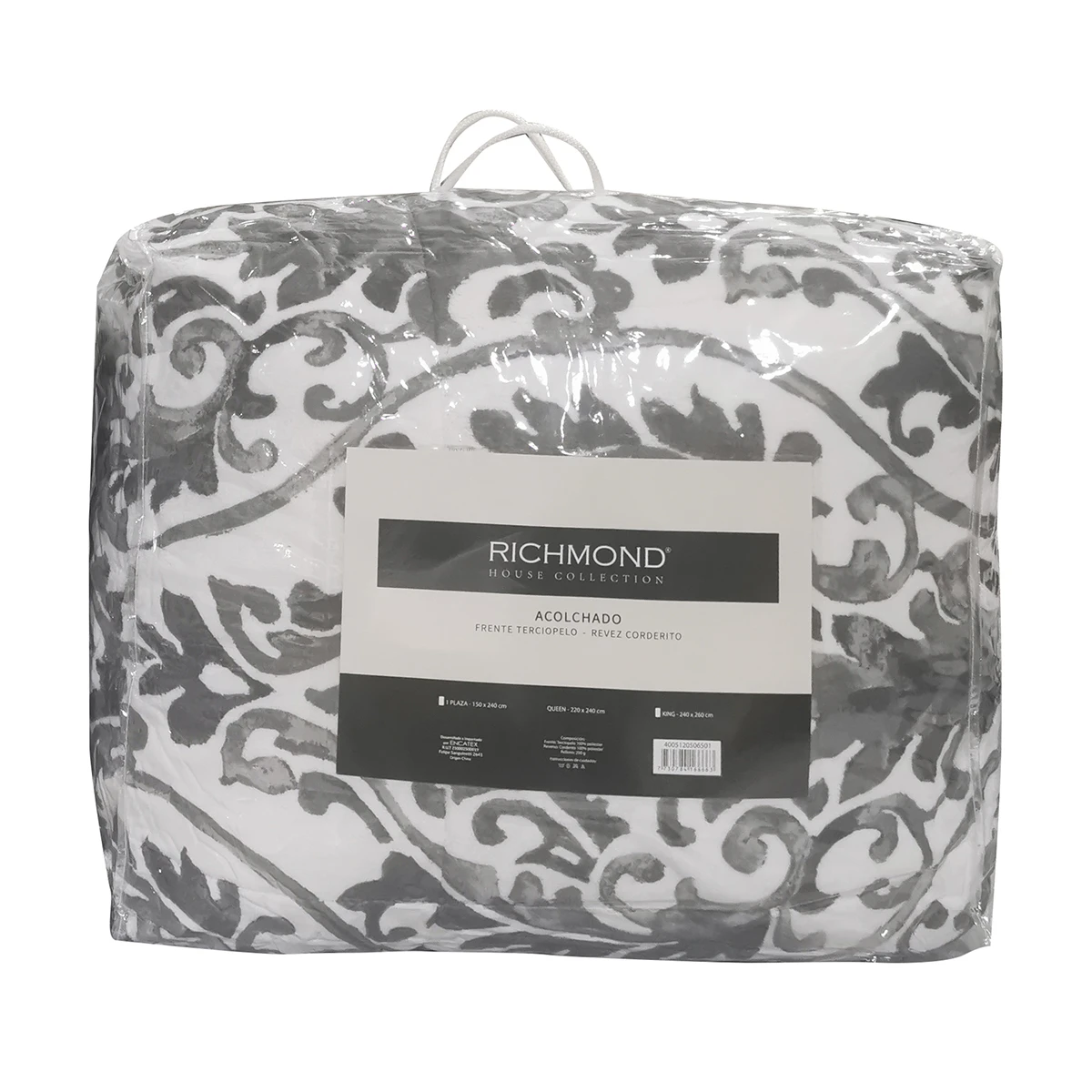 Acolchado King Size Terciopelo con Corderito Richmond 240 x 260 cm - GRIS 