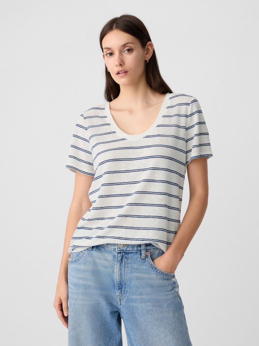 Remera De Lino A Rayas Cuello V Mujer - White Navy Stripe 