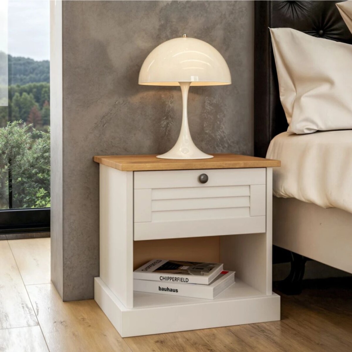 Mesa de Luz - 1 Cajón - Línea Valenciana - Blanco 