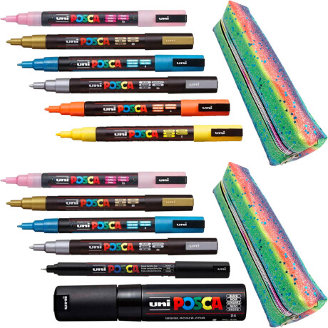 Set X12 Marcadores Posca Unico+2 cartucheras Regalo Negro