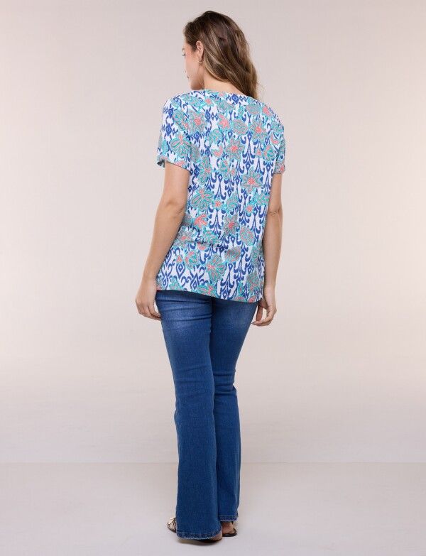 Blusa Con Escote Túnica Bordado MULTI/AZUL