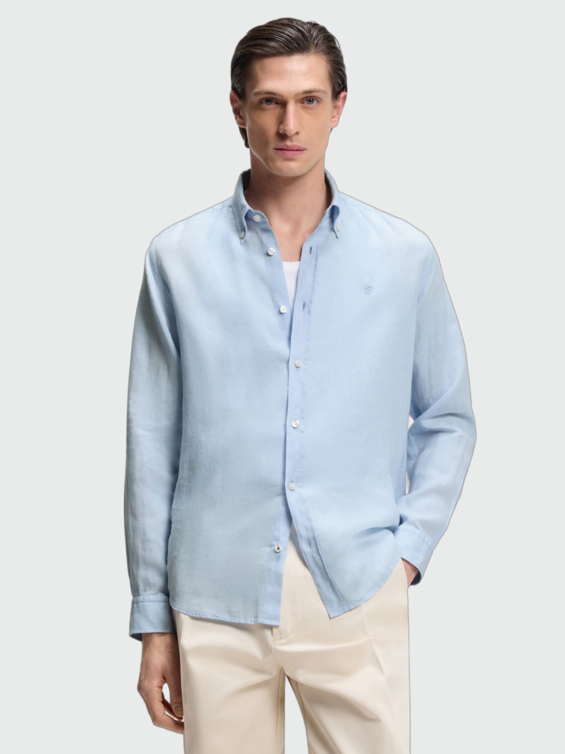 BOSS - Camisa Slim- Fit Lino Celeste