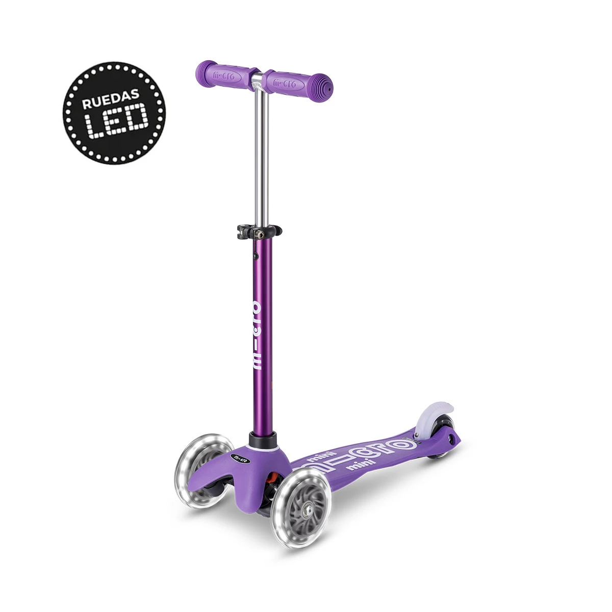 Monopatín Micro Mini Deluxe LED Ajustable con 3 Ruedas - PURPURA 