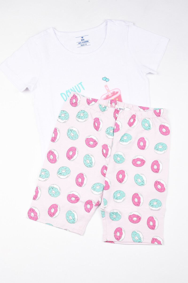 Pijama estampa Macaron- Talle 10 al 16 Blanco y rosa