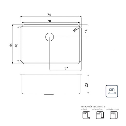 PILETA DE COCINA RECTANGULAR 70X40X20CM AC INOX VALV Ø 4 1/2 000